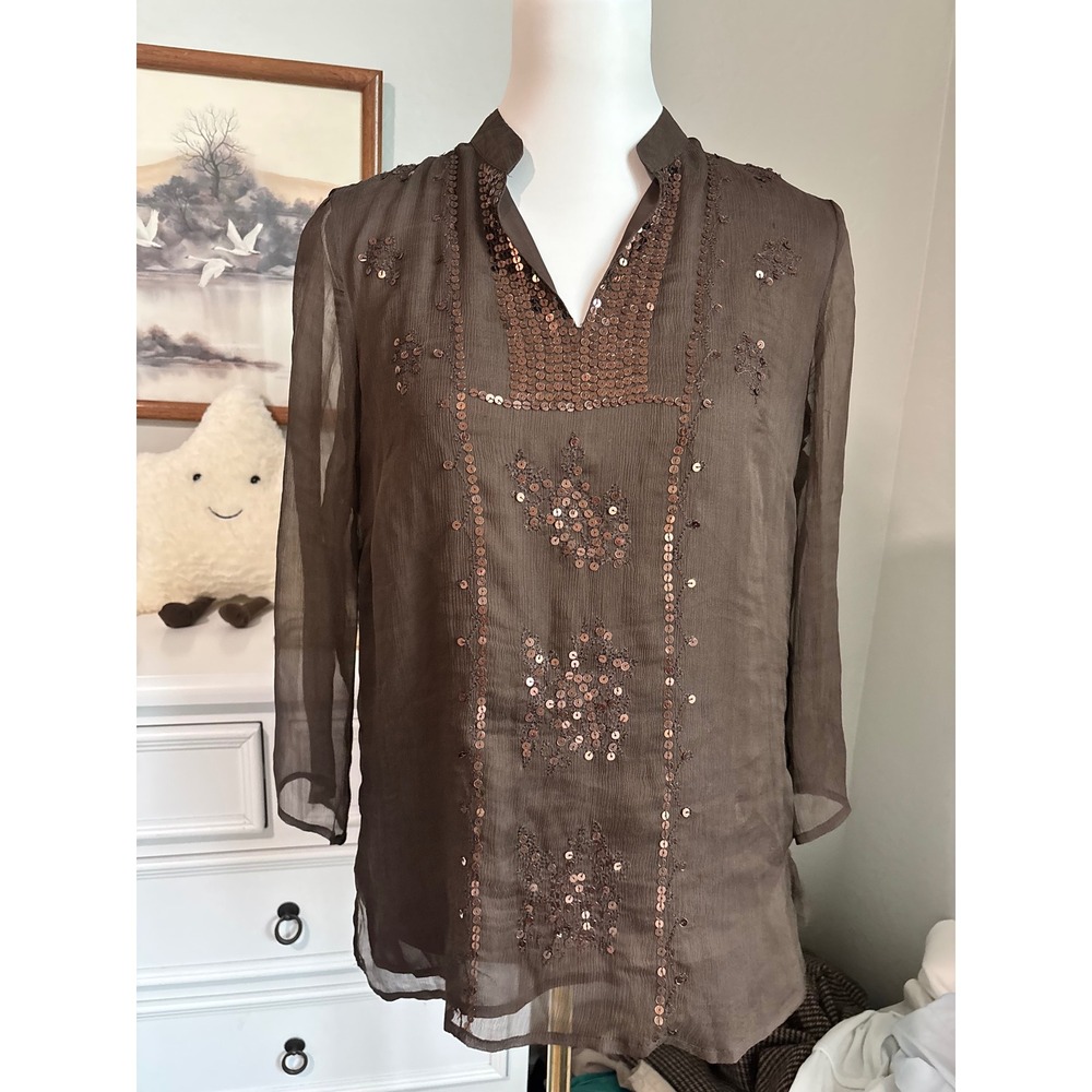 boho Brown Silk Sequin Blouse Edward Sheer Sleeve Tunic Top Earthy Chic Medium
